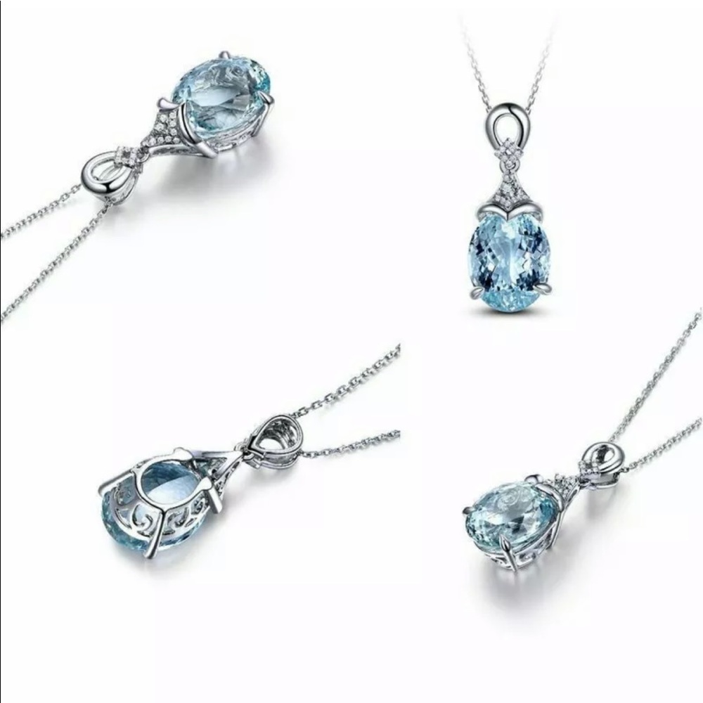 *Silver Blue Topaz Diamond Water Drop Necklace - Picture 2 of 7